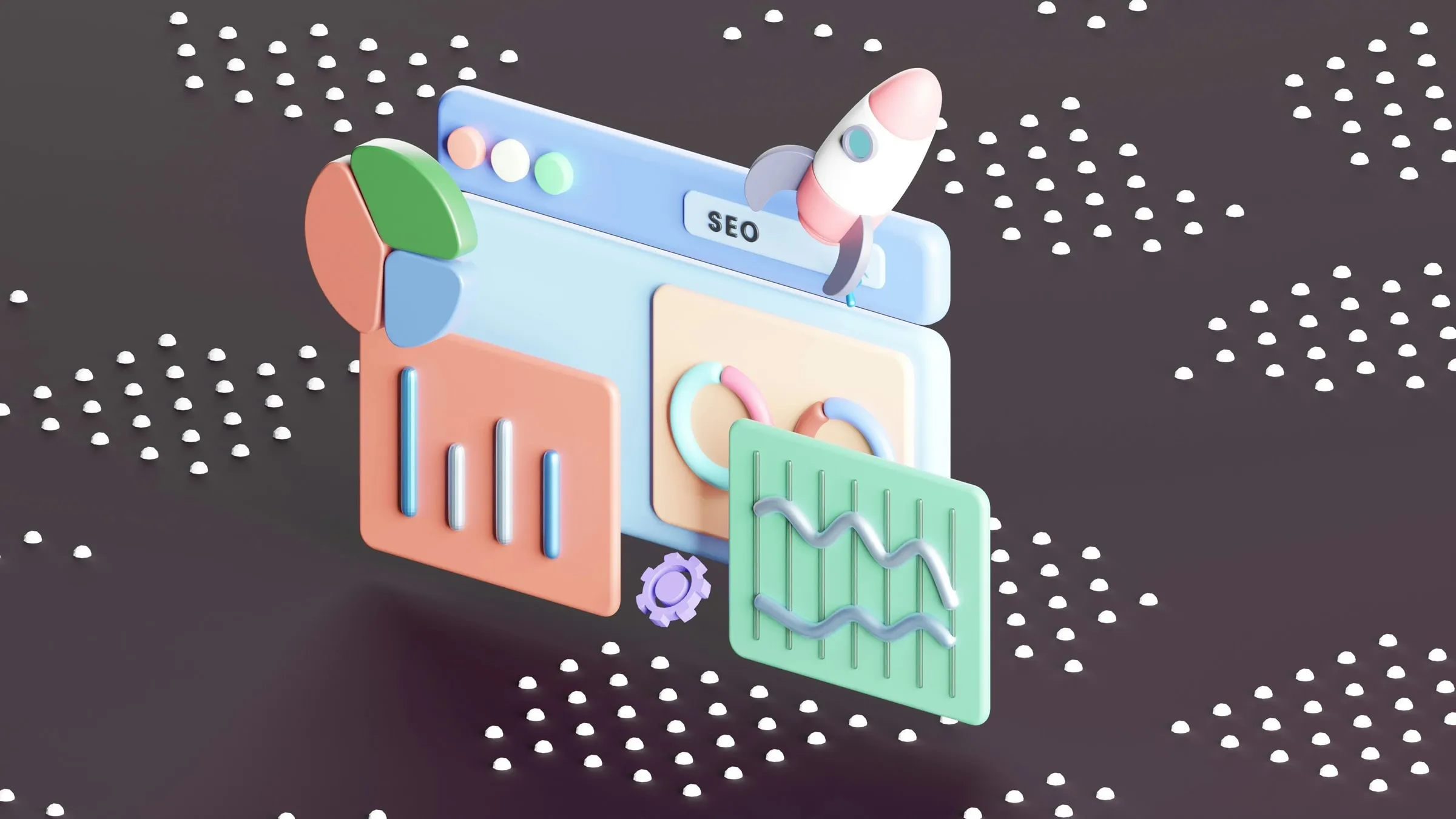 A dashboard interface with charts and a settings gear, illustrated in three dimensions
