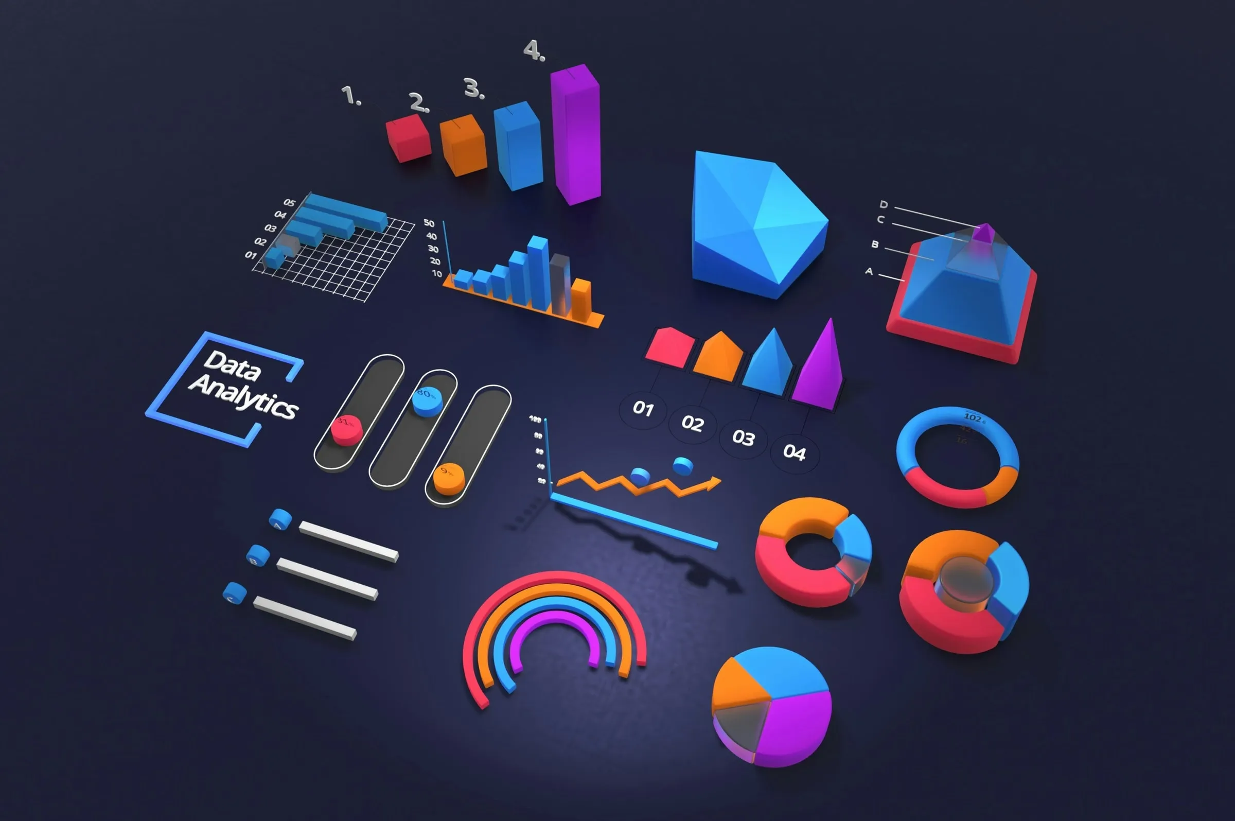 Charts, graphs and dashboard elements arranged on a dark surface